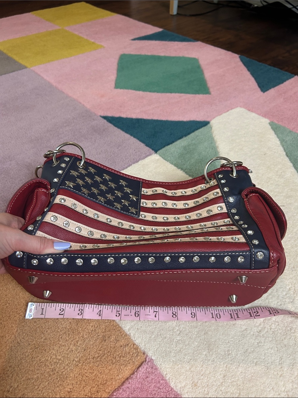 Montana West Red Faux Leather Americana Studded Tote Bag Patriotic Flag Design - Picture 5 of 17